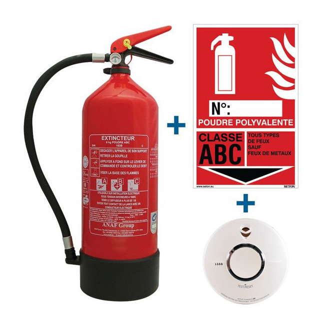 Kit extincteur à poudre 6kg avec détecteur de fumée et signalisation