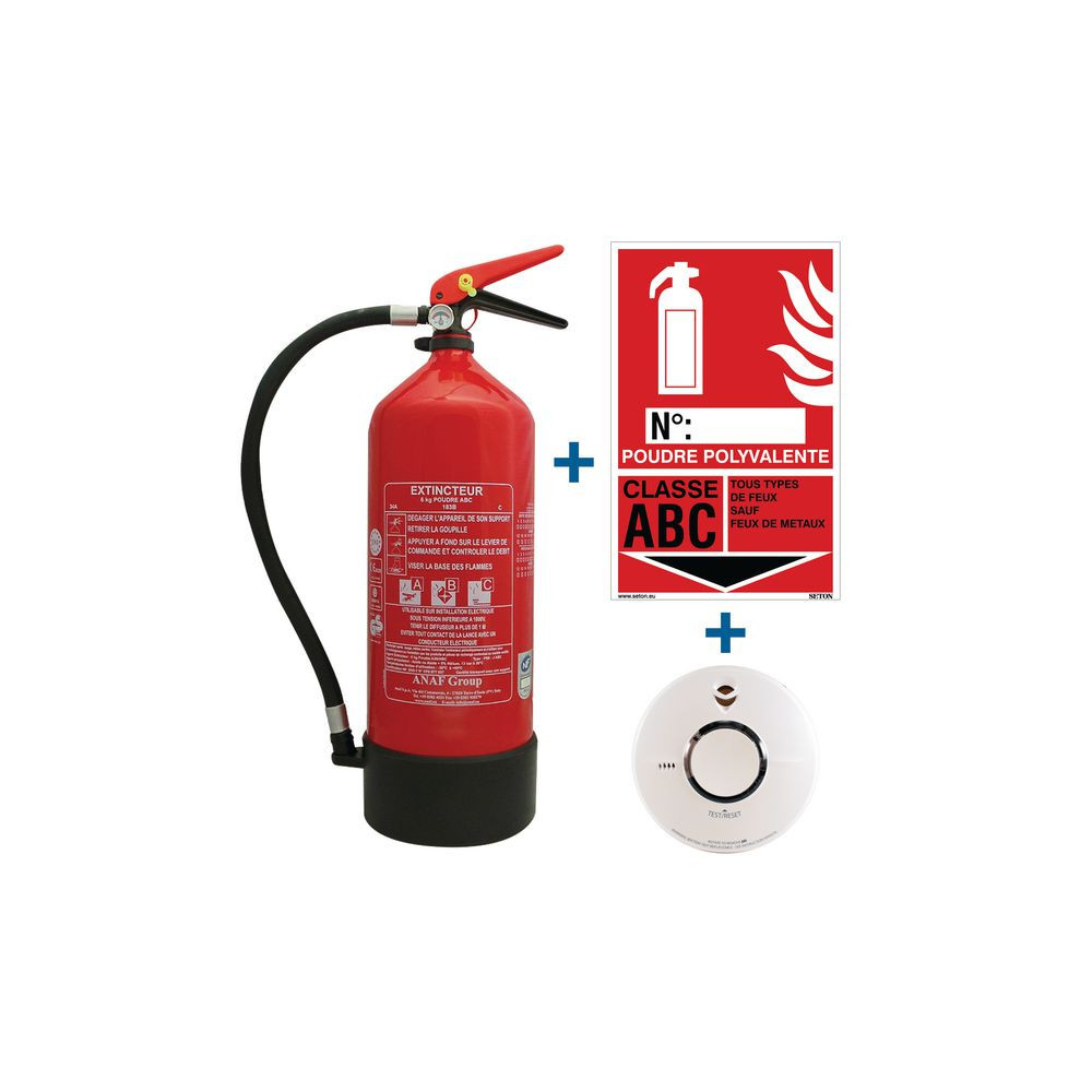 Kit extincteur à poudre 6kg avec détecteur de fumée et signalisation