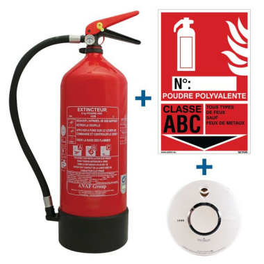 Kit extincteur à poudre 6kg avec détecteur de fumée et signalisation