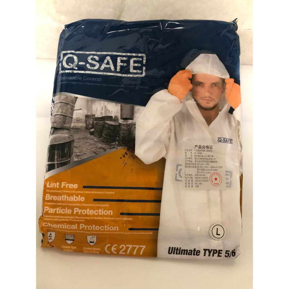 Combinaison jetable Q-SAFE avec capuche en papier hyper résistante cat 3 type 5/6 T L blanc