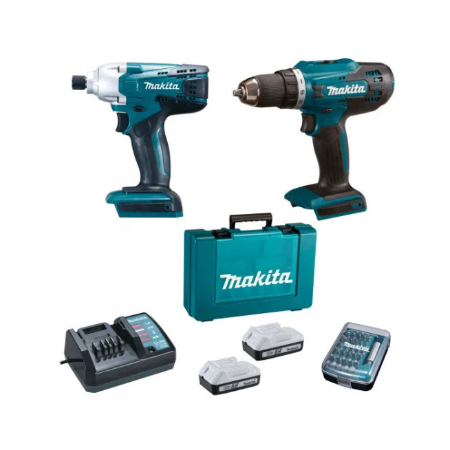 Perceuse sans fil 18V DF4880 + clé à chocs 18V TD127D - MAKITA - avec 2 batteries 18V 1.5 Ah + chargeur + 30 embouts - DK18A35X1