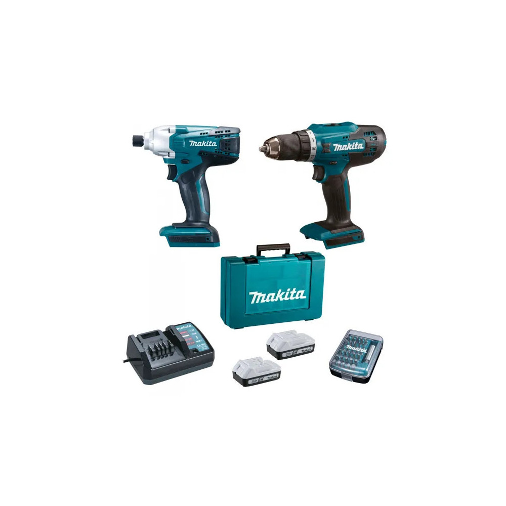 Perceuse sans fil 18V DF4880 + clé à chocs 18V TD127D - MAKITA - avec 2 batteries 18V 1.5 Ah + chargeur + 30 embouts - DK18A35X1